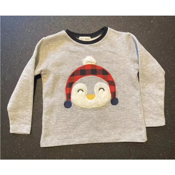 Kit + Pearl Shirt Kids top Snow Penguin Long Sleeve Size 4T Gray & Red Cute - Picture 3 of 8